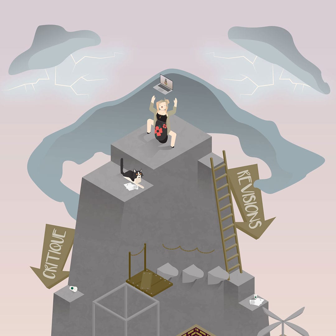 the final image shows the designer's ascent through the creative process, illustrated with a mad scientist feel ending on the top of stormy mountain summit