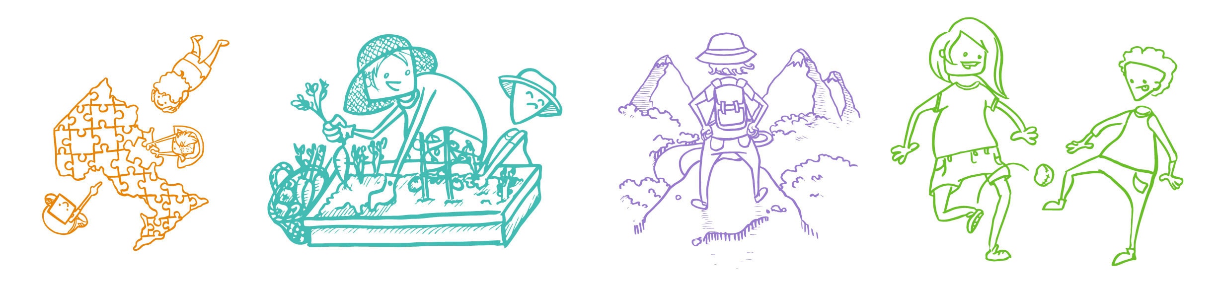 illustrations of different characters performing wholesome activities, like gardening, playing hackey sack, or hiking.