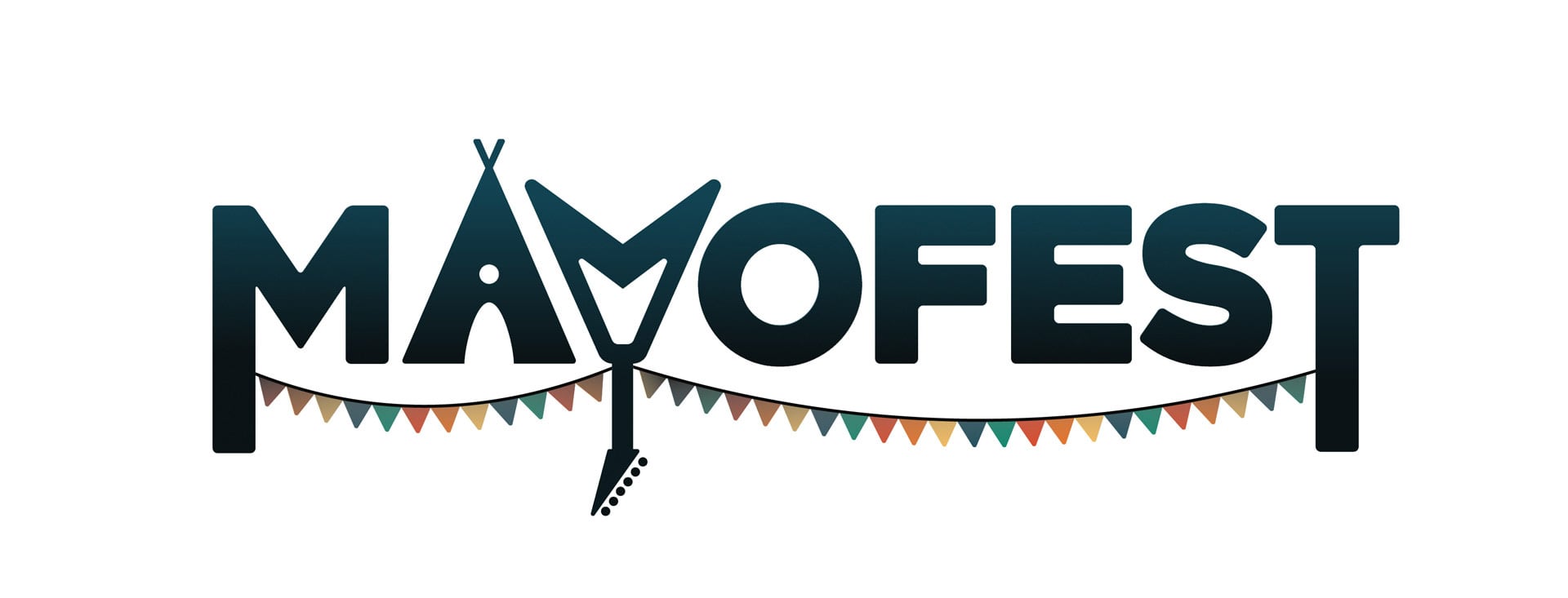 full colour mayofest logo shows the capital a as a tent and the captial y as an upside down guitar. penant banners drape between the words.