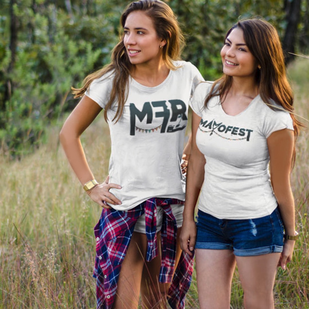 two young women wearing a shirt with the Mayofest logo on it and the MFR logo.