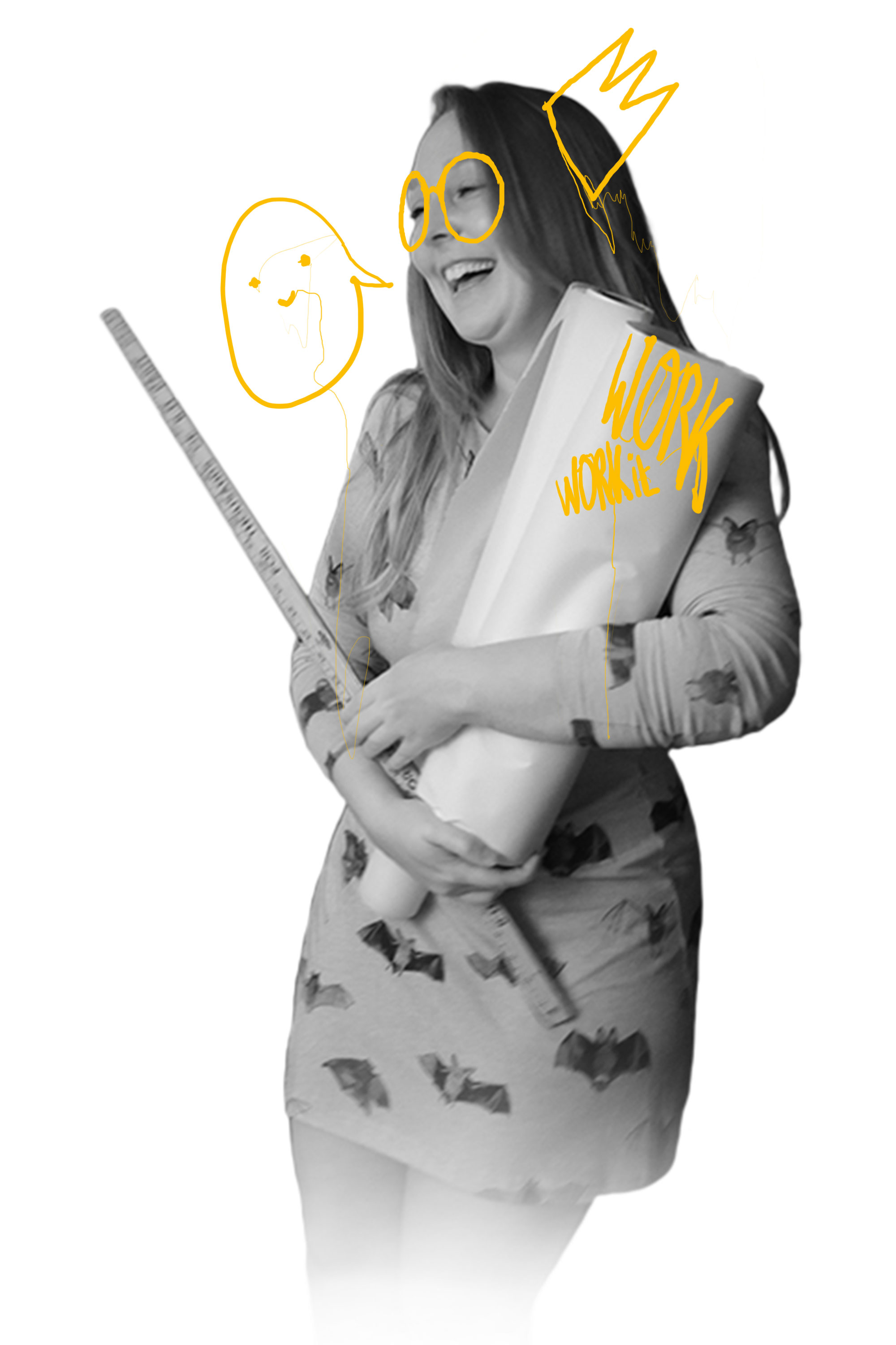 picture of lore berg laughing holding reems of paper and a yard stick